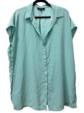 Lafayette 148 New York 100% Silk Aqua Button Short Sleeve Front Blouse Sz XL